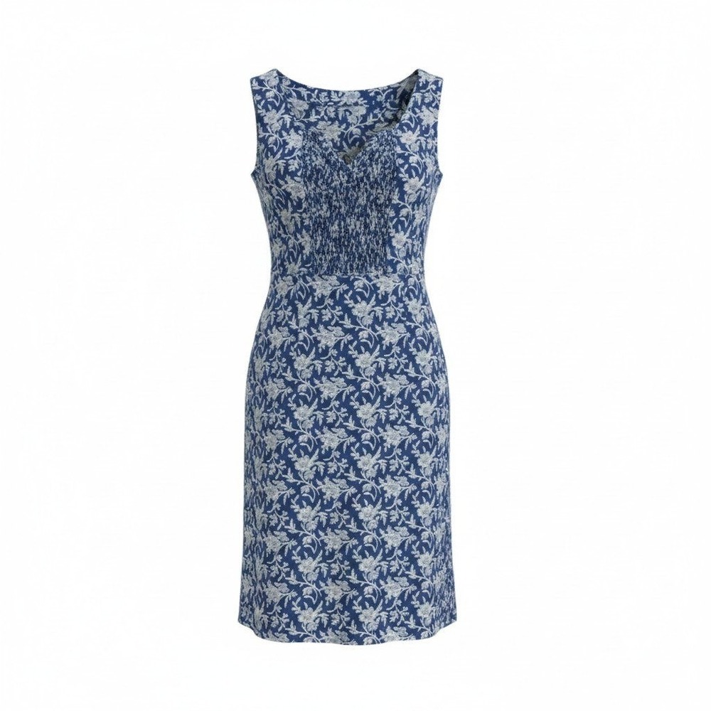 April Cornell Blue White Floral Smocked Midi Dress Sleeveless‎ Rayon Small